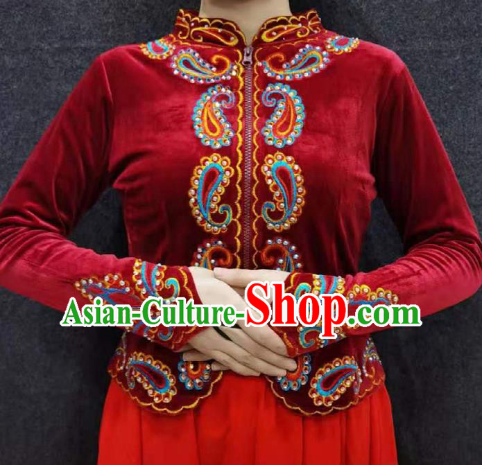 China Traditional Uygur Nationality Upper Outer Garment Ethnic Folk Dance Clothing Xinjiang Woman Red Velvet Blouse