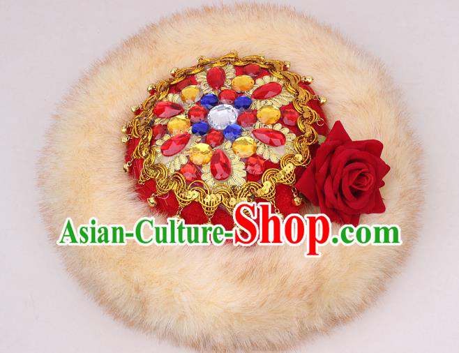 Chinese Xinjiang Ethnic Woman Winter Headwear Traditional Uygur Nationality Stage Performance Hat