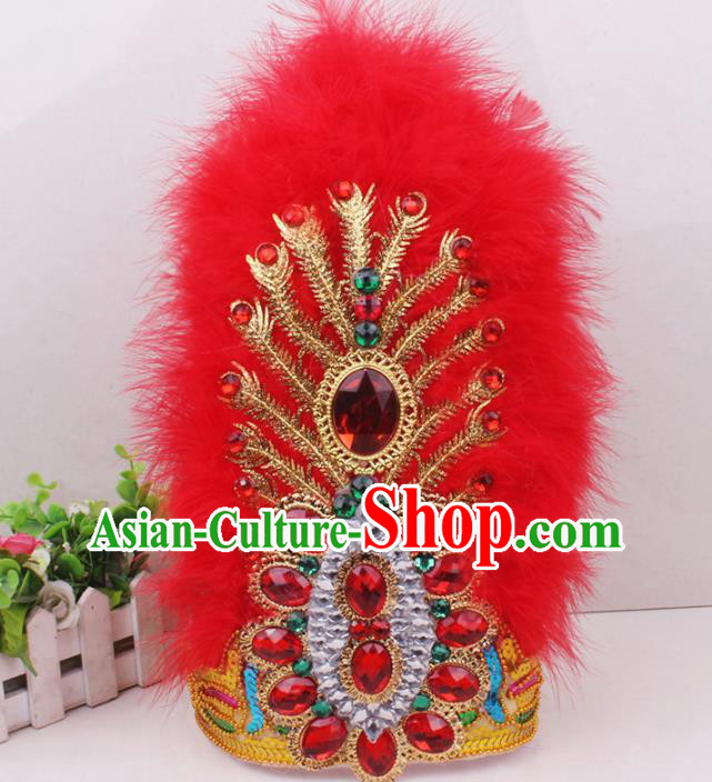 Chinese Traditional Uygur Nationality Red Feather Hat Xinjiang Ethnic Folk Dance Hair Accessories