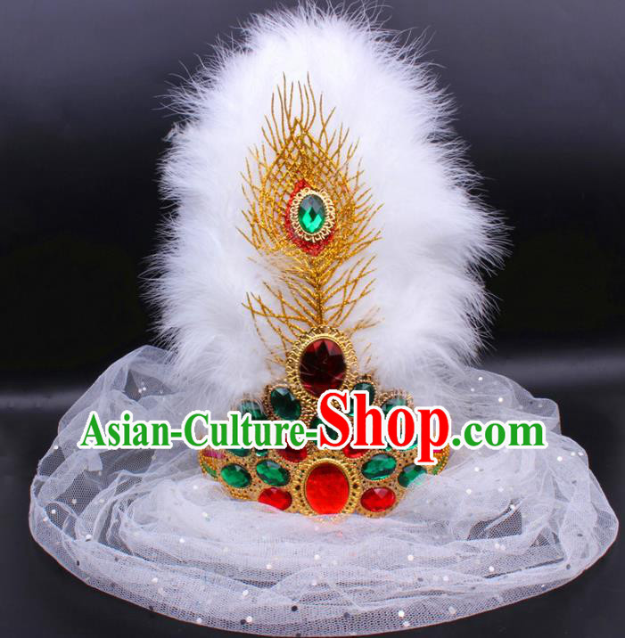 Chinese Uygur Nationality Feather Hat Traditional Xinjiang Dance Headwear Ethnic Folk Dance White Veil Hair Clasp