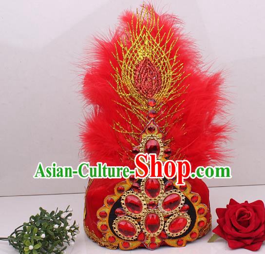 Chinese Uygur Nationality Folk Dance Red Feather Hat Traditional Xinjiang Ethnic Folk Dance Headdress