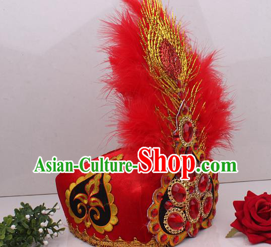 Chinese Uygur Nationality Folk Dance Red Feather Hat Traditional Xinjiang Ethnic Folk Dance Headdress
