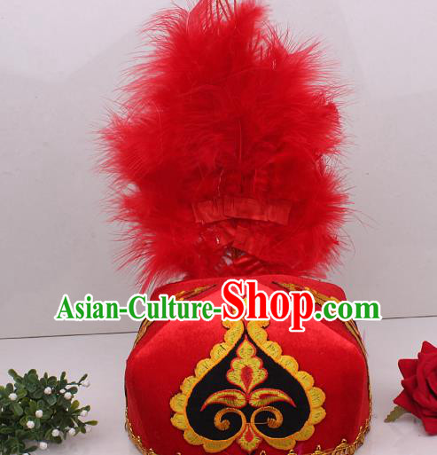 Chinese Uygur Nationality Folk Dance Red Feather Hat Traditional Xinjiang Ethnic Folk Dance Headdress