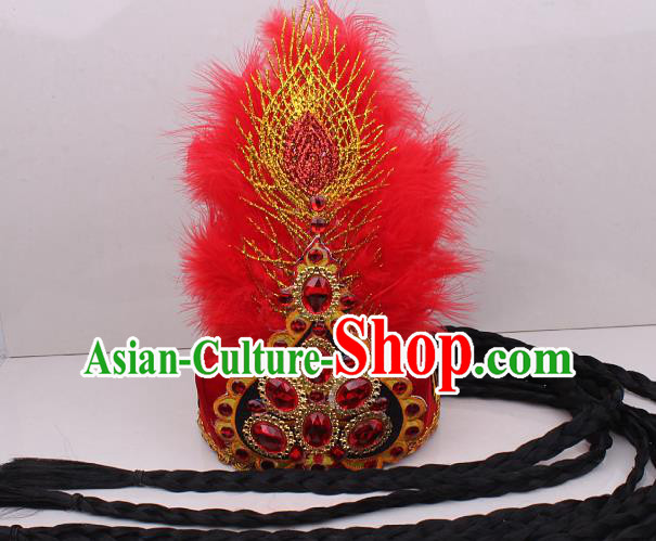 Chinese Uygur Nationality Folk Dance Red Feather Hat Traditional Xinjiang Ethnic Folk Dance Headdress