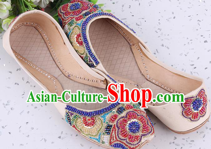 Indian Folk Dance Shoes Handmade Embroidery Beads Shoes Asian Traditional Wedding Beige Leather Shoes