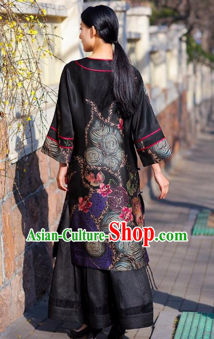 Chinese Traditional Wide Sleeve Qipao Dress Costume National Young Lady Black Silk Cheongsam