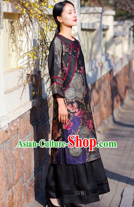 Chinese Traditional Wide Sleeve Qipao Dress Costume National Young Lady Black Silk Cheongsam
