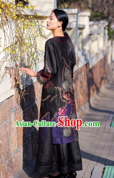 Chinese Traditional Wide Sleeve Qipao Dress Costume National Young Lady Black Silk Cheongsam