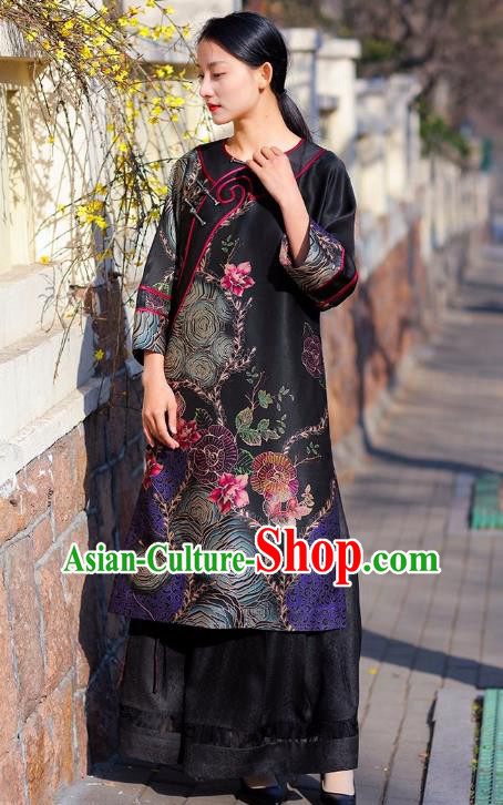 Chinese Traditional Wide Sleeve Qipao Dress Costume National Young Lady Black Silk Cheongsam