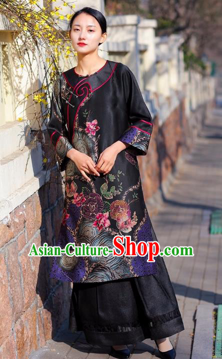 Chinese Traditional Wide Sleeve Qipao Dress Costume National Young Lady Black Silk Cheongsam