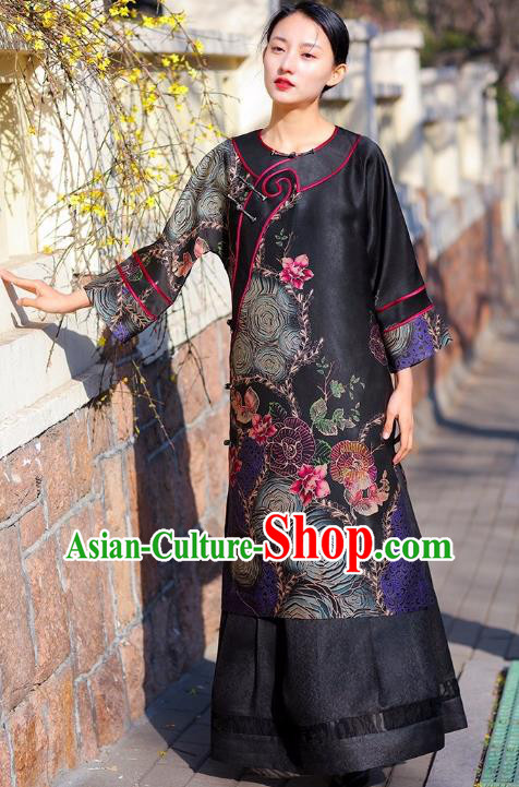 Chinese Traditional Wide Sleeve Qipao Dress Costume National Young Lady Black Silk Cheongsam