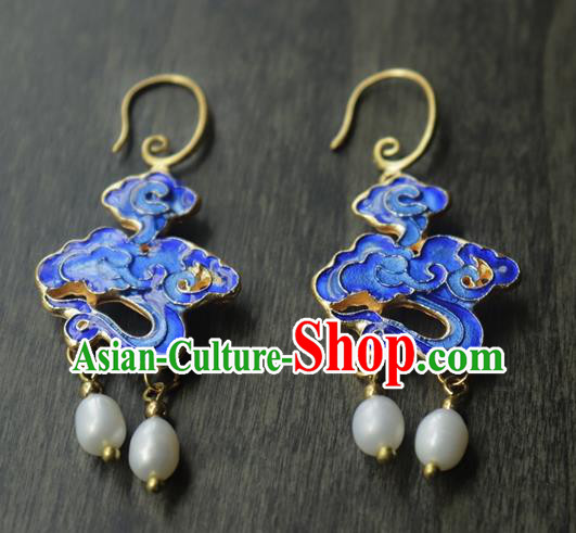 Chinese Traditional Qing Dynasty Court Blueing Cloud Ear Jewelry Ancient Imperial Concubine Earrings