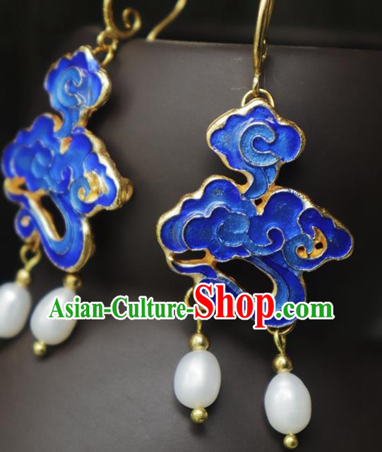 Chinese Traditional Qing Dynasty Court Blueing Cloud Ear Jewelry Ancient Imperial Concubine Earrings