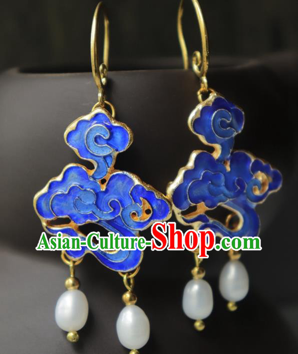 Chinese Traditional Qing Dynasty Court Blueing Cloud Ear Jewelry Ancient Imperial Concubine Earrings