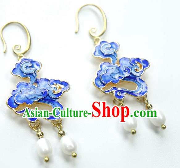 Chinese Traditional Qing Dynasty Court Blueing Cloud Ear Jewelry Ancient Imperial Concubine Earrings