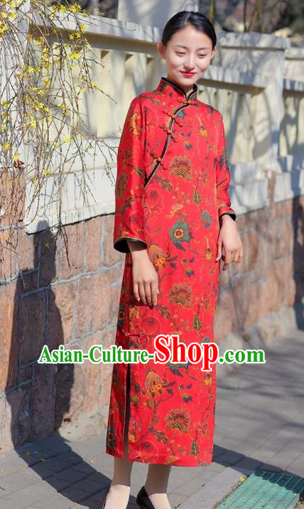 Chinese Traditional Printing Flowers Red Qipao Dress Costume National Young Lady Cheongsam