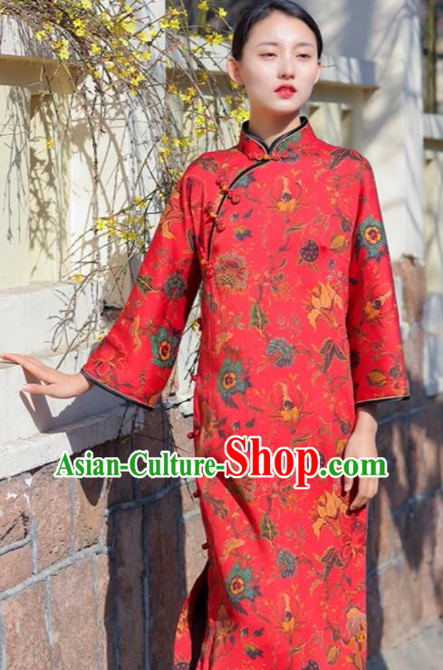 Chinese Traditional Printing Flowers Red Qipao Dress Costume National Young Lady Cheongsam