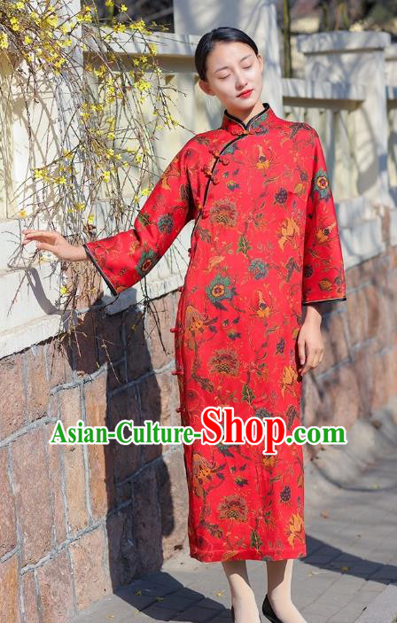 Chinese Traditional Printing Flowers Red Qipao Dress Costume National Young Lady Cheongsam