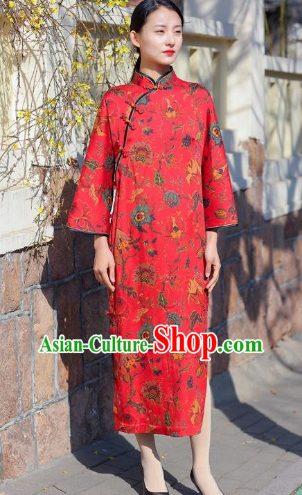 Chinese Traditional Printing Flowers Red Qipao Dress Costume National Young Lady Cheongsam