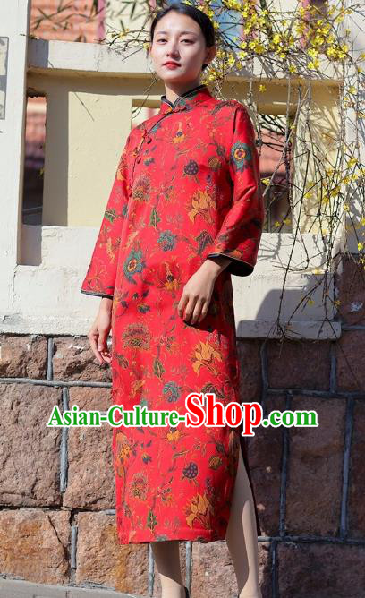 Chinese Traditional Printing Flowers Red Qipao Dress Costume National Young Lady Cheongsam