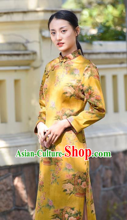 Chinese Traditional Yellow Silk Qipao Dress Costume National Young Lady Printing Flowers Cheongsam