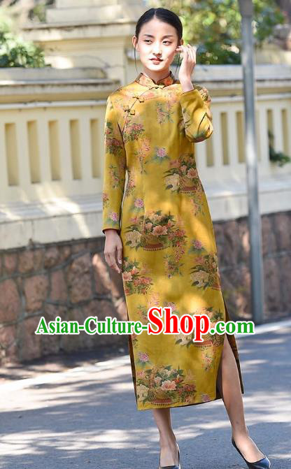 Chinese Traditional Yellow Silk Qipao Dress Costume National Young Lady Printing Flowers Cheongsam