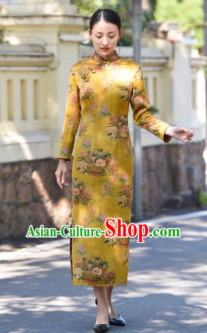 Chinese Traditional Yellow Silk Qipao Dress Costume National Young Lady Printing Flowers Cheongsam