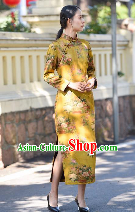 Chinese Traditional Yellow Silk Qipao Dress Costume National Young Lady Printing Flowers Cheongsam