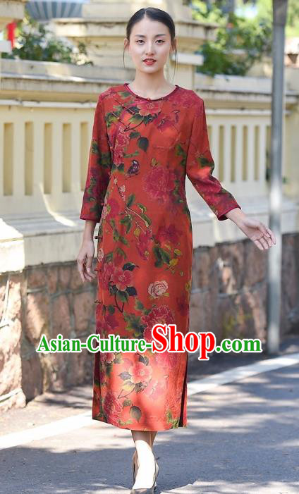 Chinese Traditional Peony Pattern Qipao Dress Costume National Young Lady Red Silk Cheongsam