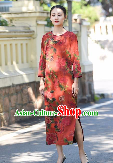 Chinese Traditional Peony Pattern Qipao Dress Costume National Young Lady Red Silk Cheongsam