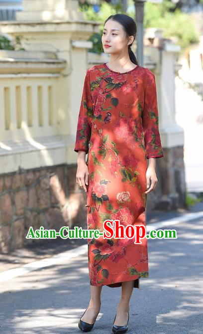 Chinese Traditional Peony Pattern Qipao Dress Costume National Young Lady Red Silk Cheongsam