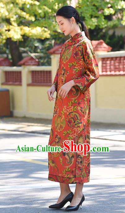Chinese Traditional Phoenix Peony Pattern Red Silk Qipao Dress Costume National Young Lady Cheongsam