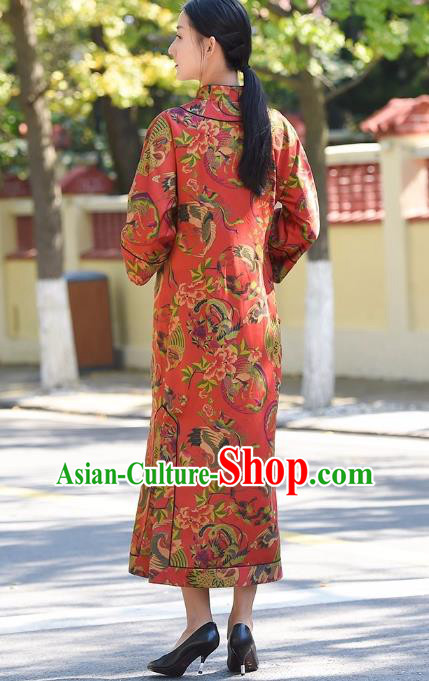 Chinese Traditional Phoenix Peony Pattern Red Silk Qipao Dress Costume National Young Lady Cheongsam