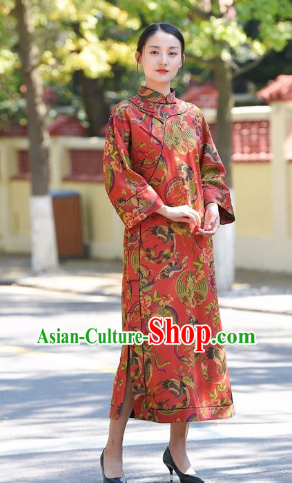 Chinese Traditional Phoenix Peony Pattern Red Silk Qipao Dress Costume National Young Lady Cheongsam