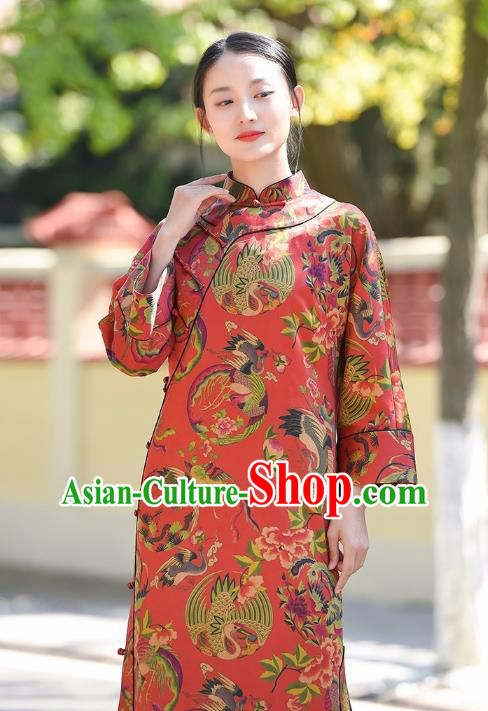 Chinese Traditional Phoenix Peony Pattern Red Silk Qipao Dress Costume National Young Lady Cheongsam