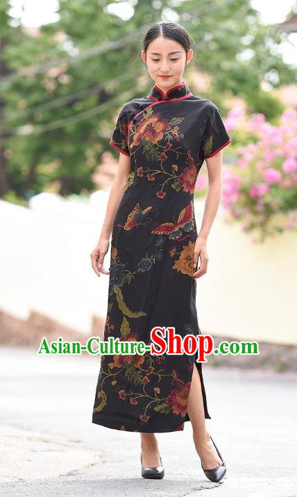 Chinese Traditional Peony Butterfly Pattern Qipao Dress Costume National Young Lady Black Silk Cheongsam
