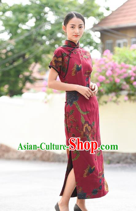 Chinese Traditional Minguo Silk Qipao Dress Costume National Young Lady Wine Red Cheongsam