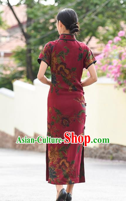 Chinese Traditional Minguo Silk Qipao Dress Costume National Young Lady Wine Red Cheongsam