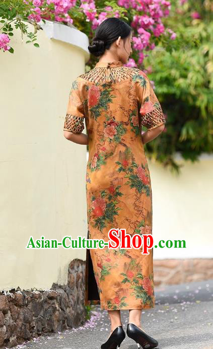 Chinese Traditional Minguo Young Lady Qipao Dress Costume National Printing Peony Yellow Silk Cheongsam