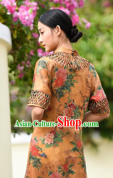 Chinese Traditional Minguo Young Lady Qipao Dress Costume National Printing Peony Yellow Silk Cheongsam