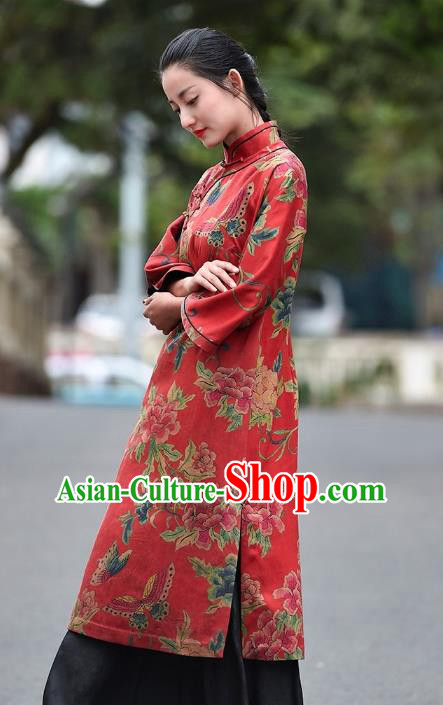 Chinese Traditional Minguo Wedding Red Silk Qipao Dress Costume National Printing Peony Butterfly Cheongsam