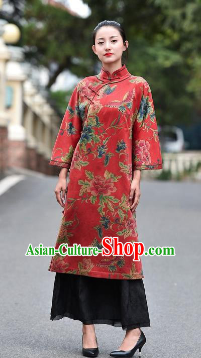 Chinese Traditional Minguo Wedding Red Silk Qipao Dress Costume National Printing Peony Butterfly Cheongsam