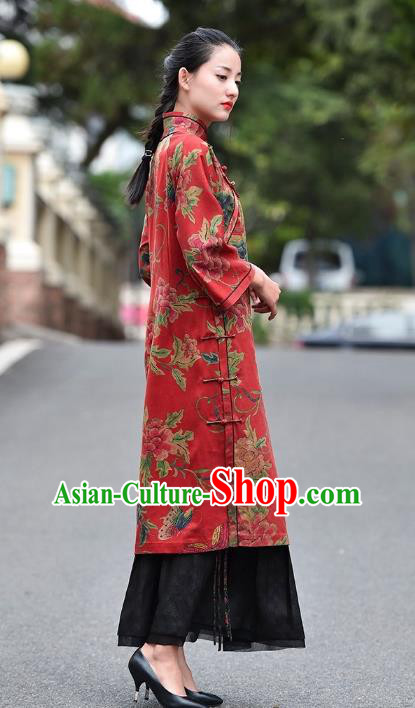 Chinese Traditional Minguo Wedding Red Silk Qipao Dress Costume National Printing Peony Butterfly Cheongsam
