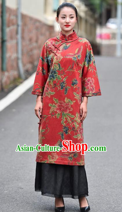 Chinese Traditional Minguo Wedding Red Silk Qipao Dress Costume National Printing Peony Butterfly Cheongsam