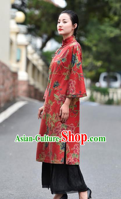 Chinese Traditional Minguo Wedding Red Silk Qipao Dress Costume National Printing Peony Butterfly Cheongsam