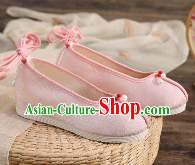 China Traditional Tang Suit Shoes Handmade Hanfu Dance Shoes National Pink Brocade Shoes