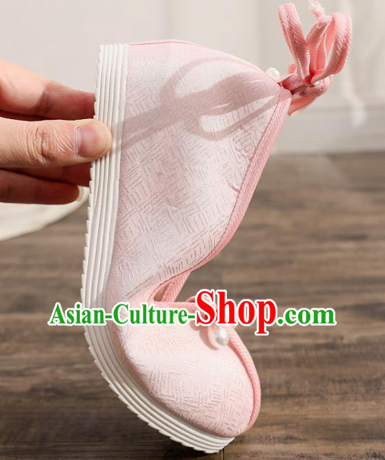China Traditional Tang Suit Shoes Handmade Hanfu Dance Shoes National Pink Brocade Shoes