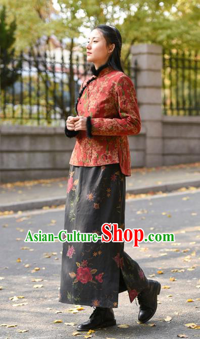 China National Woman Printing Rose Skirt Traditional Tang Suit Black Silk Bust Skirt Costume