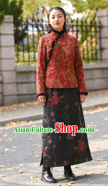 China National Woman Printing Rose Skirt Traditional Tang Suit Black Silk Bust Skirt Costume