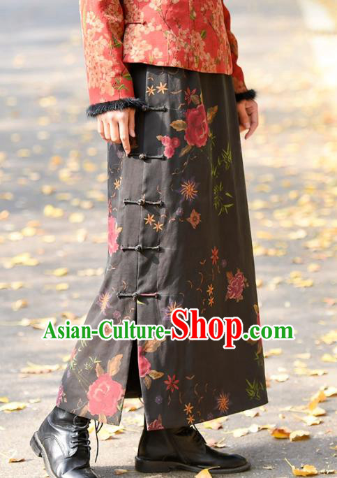 China National Woman Printing Rose Skirt Traditional Tang Suit Black Silk Bust Skirt Costume